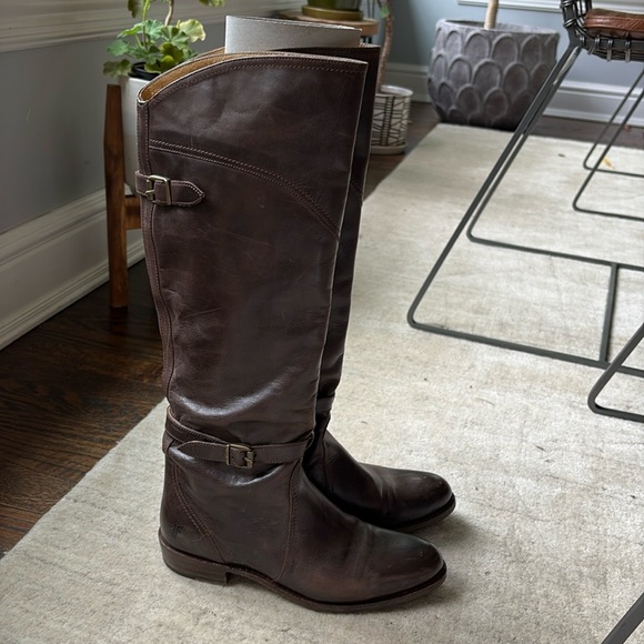 Frye Dorado Tall Brown Buckle Riding Boots - Picture 10 of 16